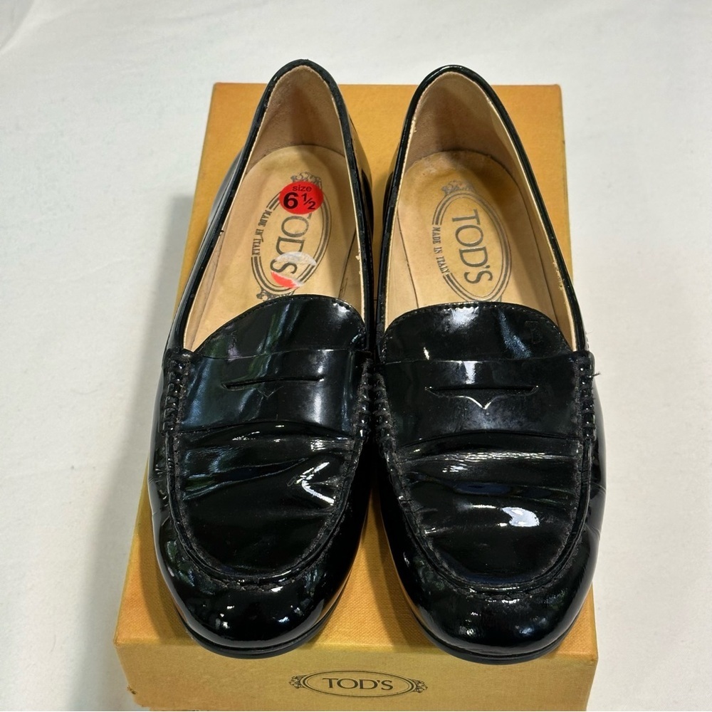 Tod's Shiny Black Patent Loafers Mocassino Driving Shoes Women's Size 36.5